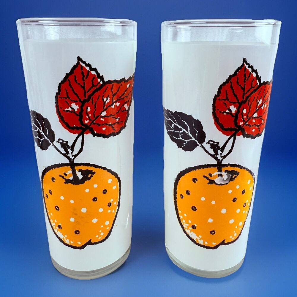 L Elliot HIGHBALL Glasses Golden Apples MCM Juice Kitchen Fruit Set 2 Vintage